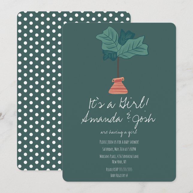 Invitación Fiesta de Bebé Niñas Puntos Tropicales Higuera (Anverso / Reverso)