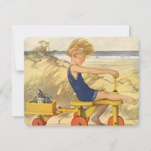Invitación Fiesta de Bebé, Niño Antiguo en la Playa con Jugue