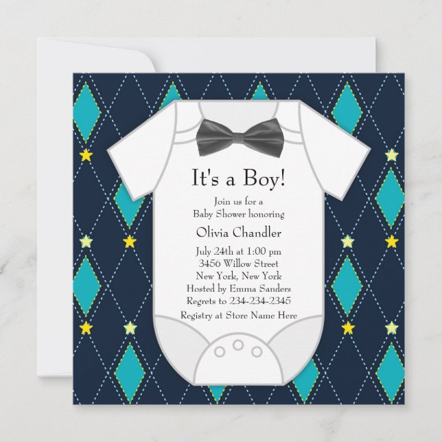 Invitación Fiesta de bebé niño Argyle azul amarillo (Anverso)