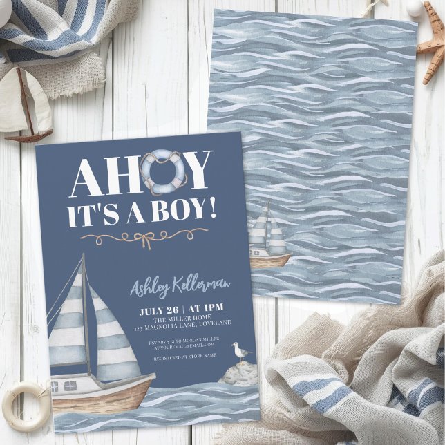 Invitación Fiesta de Bebé Niño Azul Náutico (Nautical Blue Boy Baby Shower Invitation)