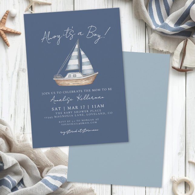 Invitación Fiesta de Bebé Niño Azul Náutico (Nautical Blue Boy Baby Shower Invitation)