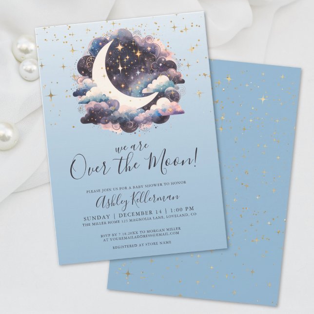Invitación Fiesta de Bebé Niño Azul Sobre La Luna (Over The Moon Blue Baby Shower Invitation)