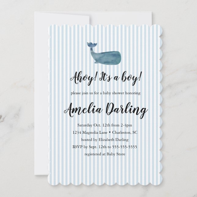 Invitación Fiesta de bebé niño ballena raya (Anverso)