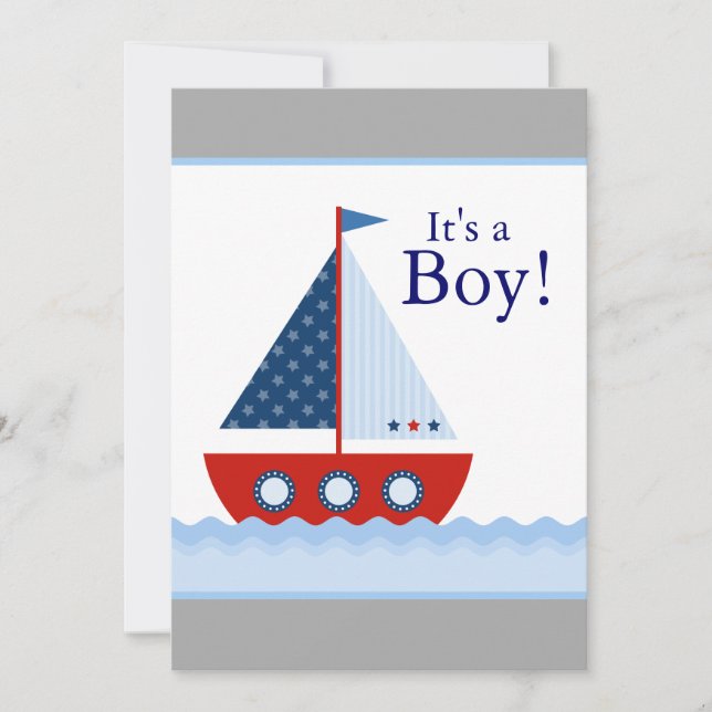 Invitación Fiesta de Bebé Niño Barco de Vela Rojo Blanco y Az (Anverso)