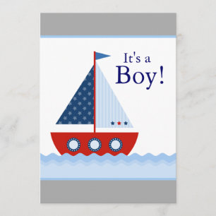 Invitación Fiesta de Bebé Niño Barco de Vela Rojo Blanco y Az