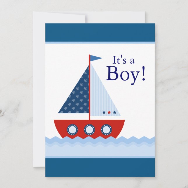 Invitación Fiesta de Bebé Niño Barco de Vela Rojo Blanco y Az (Anverso)