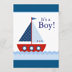 Invitación Fiesta de Bebé Niño Barco de Vela Rojo Blanco y Az