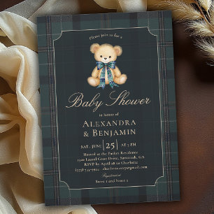 Invitación Fiesta de Bebé Niño Coed con Cuadro Escocés Elegan