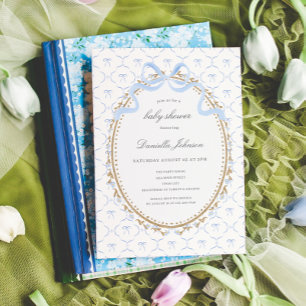 Invitación Fiesta de Bebé Niño con Lazos Florales Azules Vint