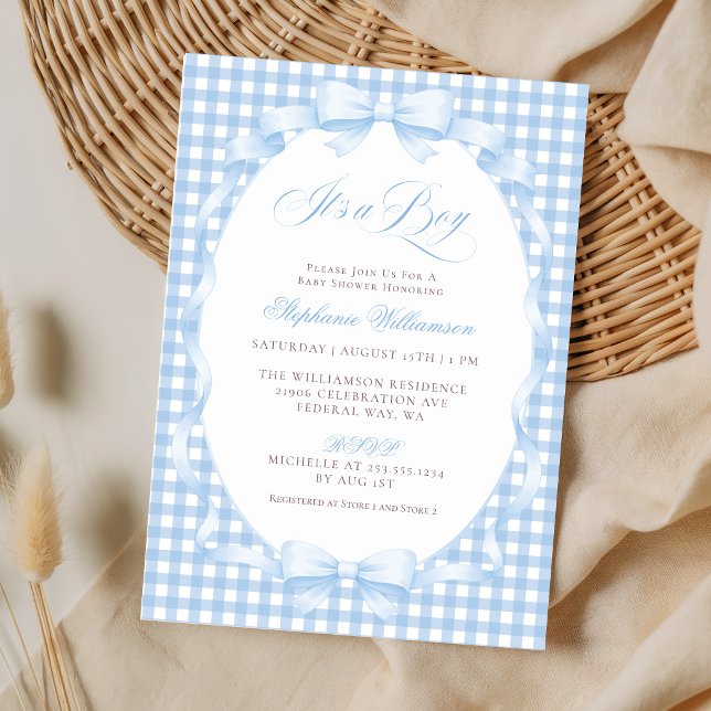 Invitación Fiesta de Bebé Niño Coqueta de Cuadro Azul (Blue Gingham Coquette Bow Boy Baby Shower Invitation)