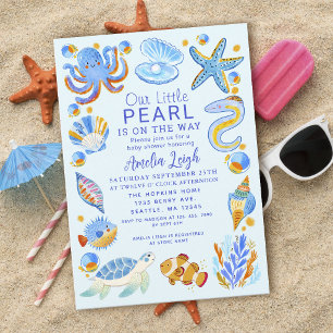 Invitación Fiesta de bebé niño Criaturas Marinas Perla Oceáni