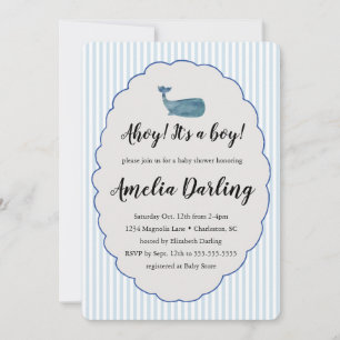 Invitación Fiesta de bebé niño de ballena azul raya