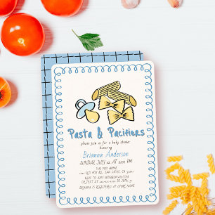 Invitación Fiesta de Bebé Niño Doodle Azul Pasta y Chupetes