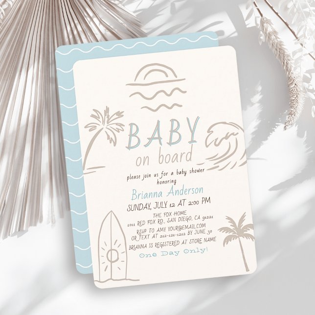 Invitación Fiesta de Bebé Niño Doodle de Surf Azul (Subido por el creador)