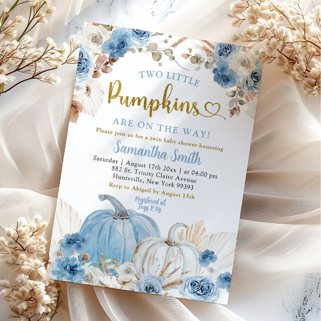 Invitación Fiesta de Bebé Niño Gemelos Calabaza Azul Boho (Subido por el creador)