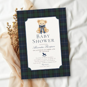 Invitación Fiesta de Bebé Niño Oso de Peluche Cuadros Navy
