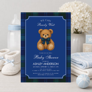 Invitación Fiesta de Bebé Niño Oso de Peluche Escocés Azul Cl