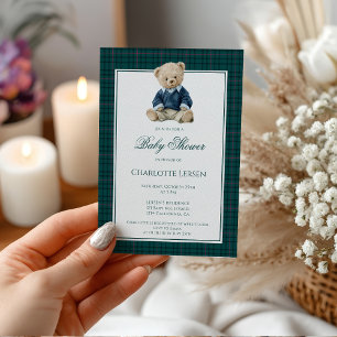 Invitación Fiesta de Bebé Niño Oso de Peluche Polo Verde Vint