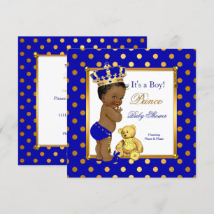Invitación Fiesta de bebé niño príncipe azul real oro étnico