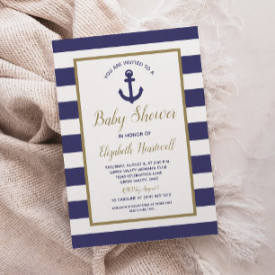 Invitación Fiesta de bebé niño rayas azul marino ancla náutic