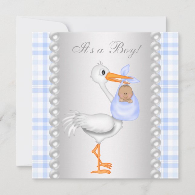 Invitación Fiesta de bebé niño Stork Gingham Azul Perlas (Anverso)