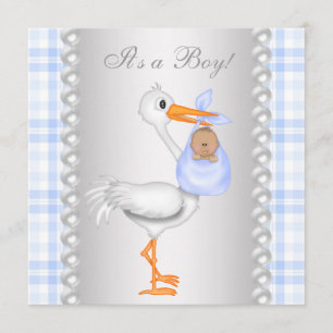 Invitación Fiesta de bebé niño Stork Gingham Azul Perlas