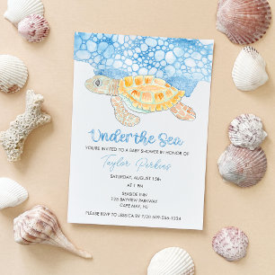 Invitación Fiesta de Bebé Niño Tortuga Marina Pintada Bajo el