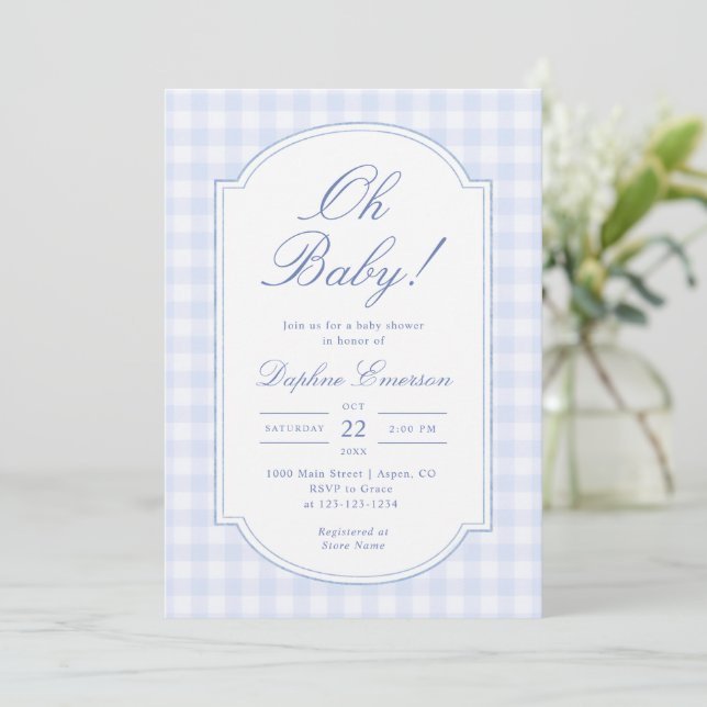 Invitación Fiesta de Bebé Oh Baby Blue Gingham (Anverso de pie)