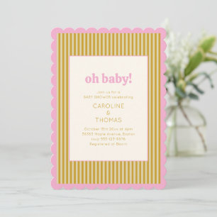 Invitación Fiesta de Bebé Oh Baby Pink Scallop Gold Stripe