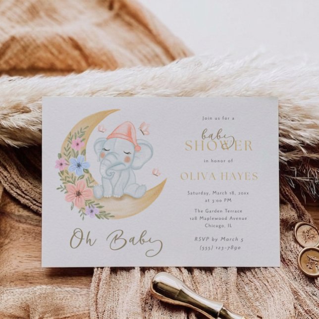 Invitación Fiesta de Bebé Oh Bebé Luna Soñadora Elefante (Subido por el creador)