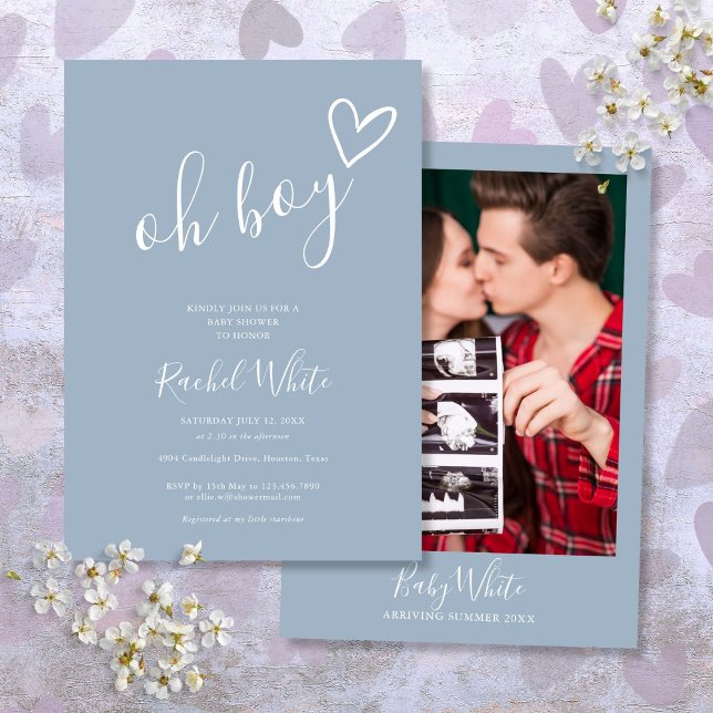 Invitación Fiesta de Bebé Oh Chico Corazón Azul Polvoriento M (Oh Boy Shower Heart Dusty Blue Minimalist Photo Invitation)