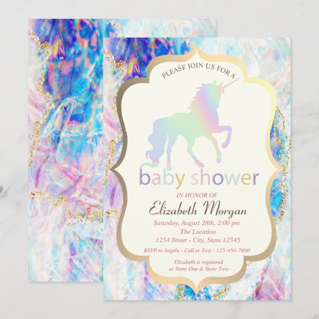 Invitación Fiesta de Bebé Opal Unicornio Holográfico (Anverso / Reverso)