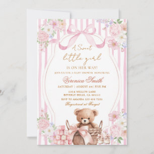 Invitación Fiesta de bebé oso con lazo rosa de raya de rubor