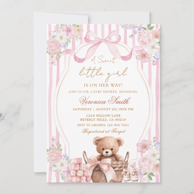 Invitación Fiesta de bebé oso con lazo rosa de raya de rubor  (Anverso)