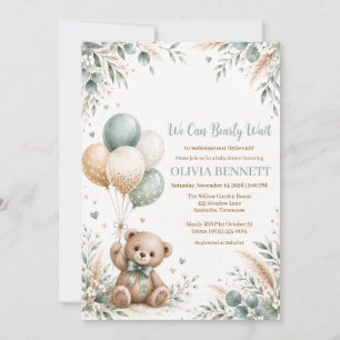 Invitación Fiesta de Bebé Oso de Peluche Verde Menta