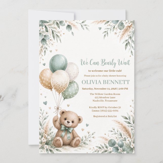Invitación Fiesta de Bebé Oso de Peluche Verde Menta (Anverso)