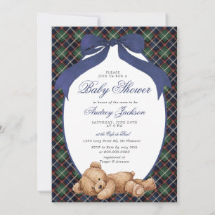 Invitación Fiesta de Bebé Oso Polo Clásico Prep Navy Cuadros