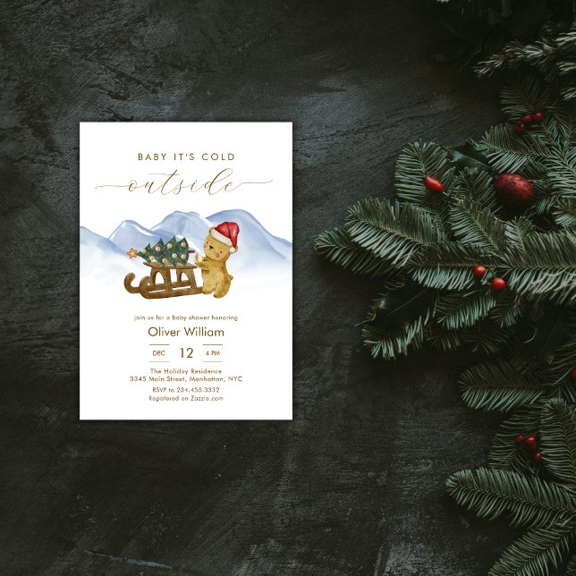 Invitación Fiesta de Bebé Oso Trineo Bosque Rústico de Invier (Rustic Winter Woodland Sleigh Bear Baby Shower Invitation)