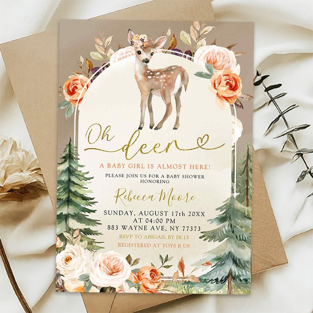 Invitación Fiesta de Bebé Otoñal Boho Oh Cierva Niña Bosque (Subido por el creador)