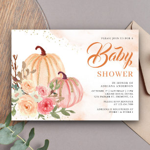 Invitación Fiesta de Bebé Otoñal Floral de Calabaza Rosa y Me