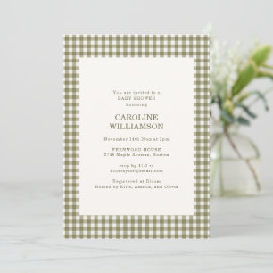 Invitación Fiesta de Bebé Otoño Cuadro de Gingham Verde Oliva