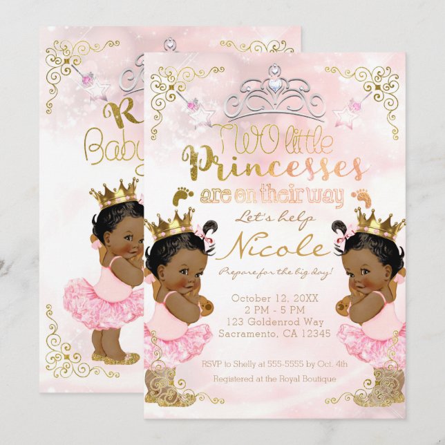 Invitación Fiesta de Bebé para Gemelas Princesas Rosadas Étni (Anverso / Reverso)