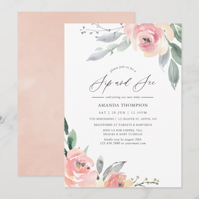 Invitación Fiesta de Bebé Pastel Rosa Floral (Anverso / Reverso)