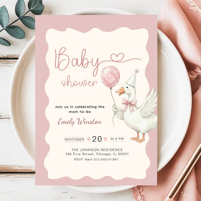 Invitación Fiesta de Bebé Pato Ganso Lindo con Moño Rosa (Subido por el creador)