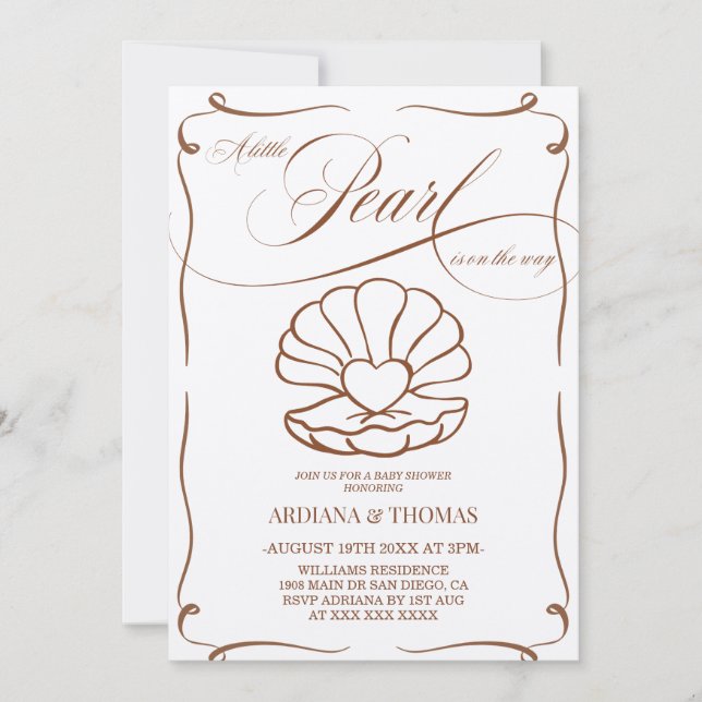Invitación Fiesta de bebé Pearl Dibujada a Mano (Anverso)