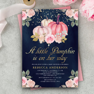 Invitación Fiesta de Bebé Pequeño Pumpkin Rosa Oro Floral Azu