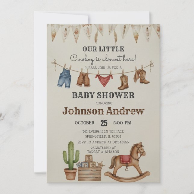 Invitación Fiesta de Bebé Personalizada Vintage Un Vaquero (Anverso)
