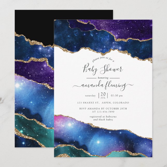 Invitación Fiesta de Bebé Piedra Ágata Galaxia (Anverso / Reverso)