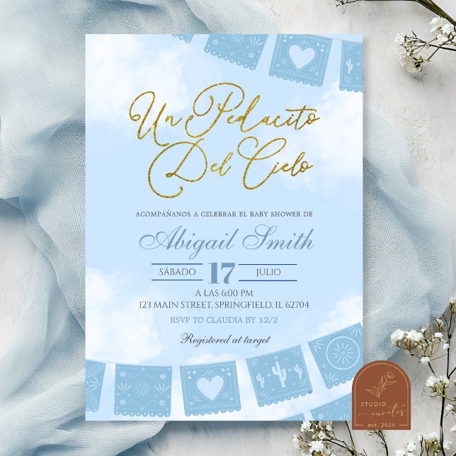 Invitación Fiesta de bebé pieza azul española del cielo (Subido por el creador)