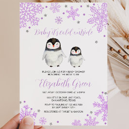 Invitación Fiesta de Bebé Pingüino Copos de Nieve Morados